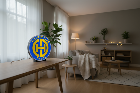 Lightbox HC Davos- Lampada LED Hockey Club Davos - Disco Luminoso Arredo Tifosi HCD- Regalo Sportivo Svizzera Personalizzato - Diametro 24cm