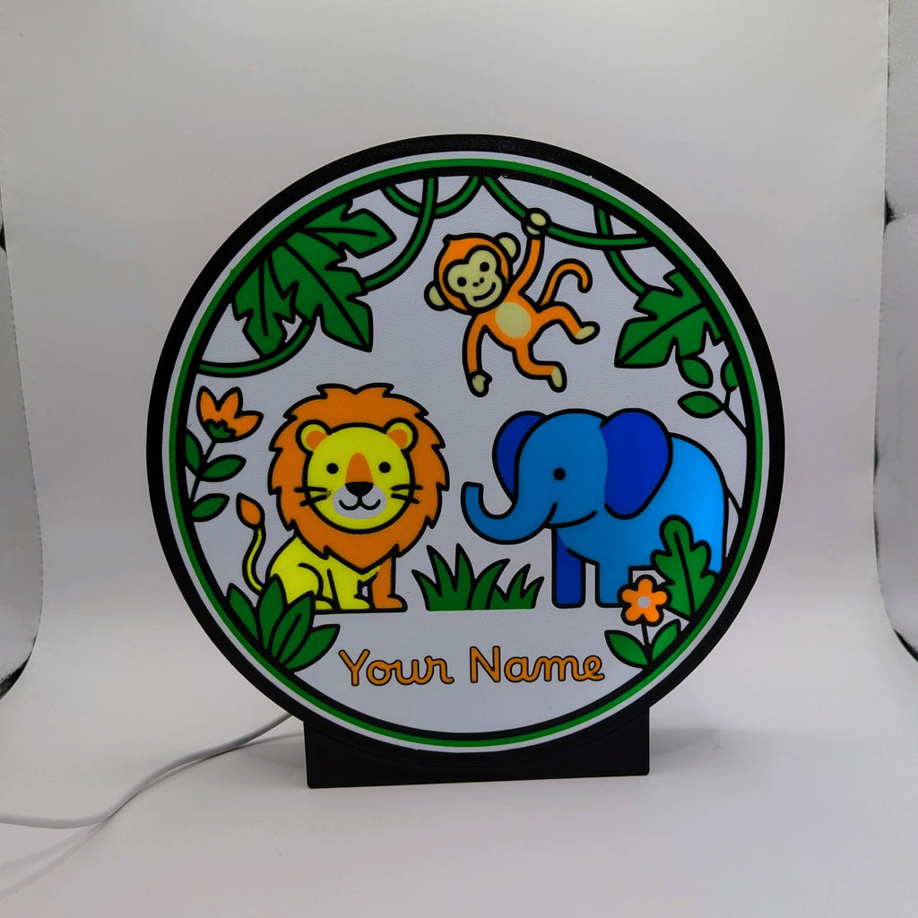 Luce notturna LED rotonda con leone, elefante e scimmia; Nome personalizzato