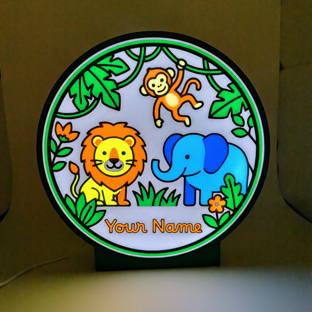 Lampada LED da comodino rotonda con animali della giungla e nome personalizzato