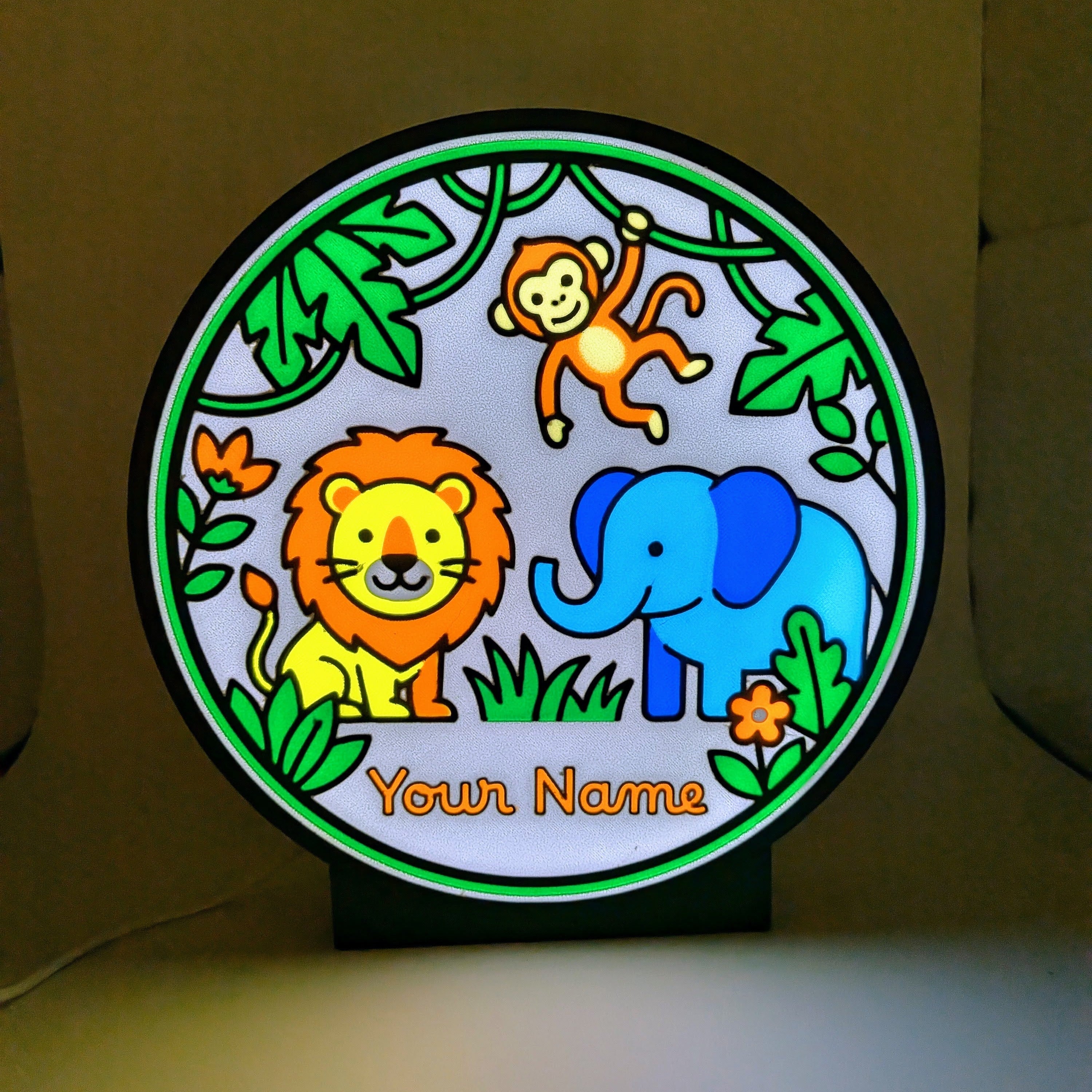 Lampada LED da comodino rotonda con animali della giungla e nome personalizzato