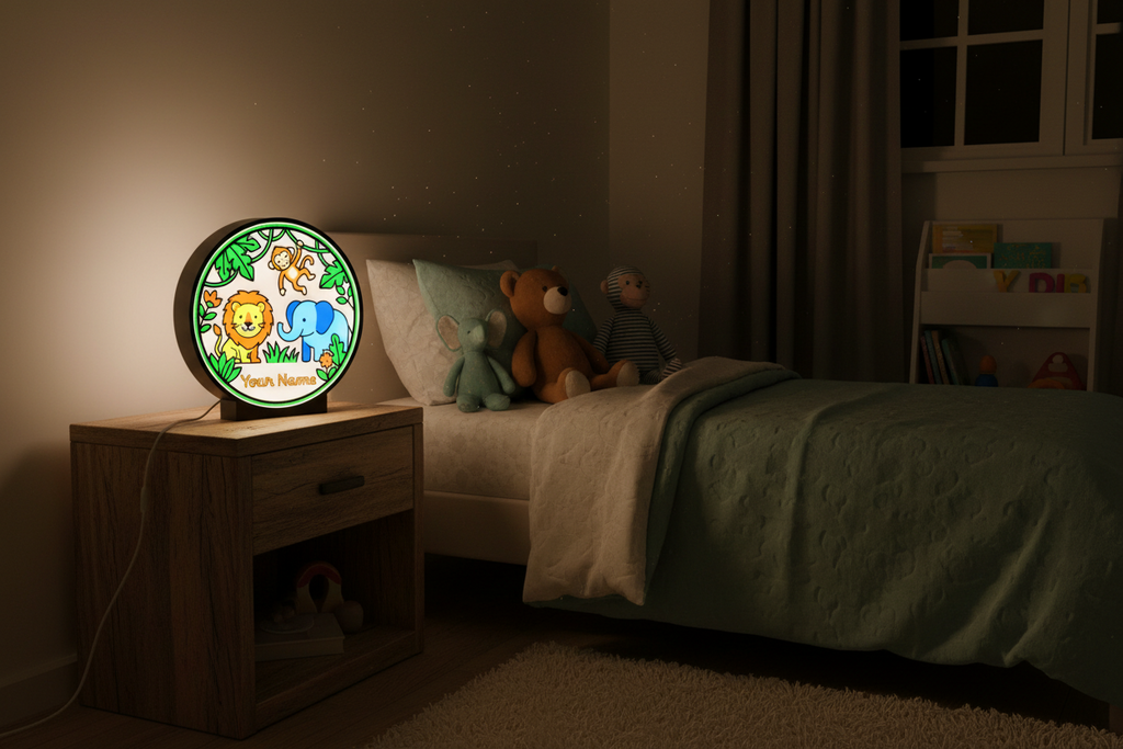 Lampada LED notturna rotonda con animali della giungla e nome personalizzato