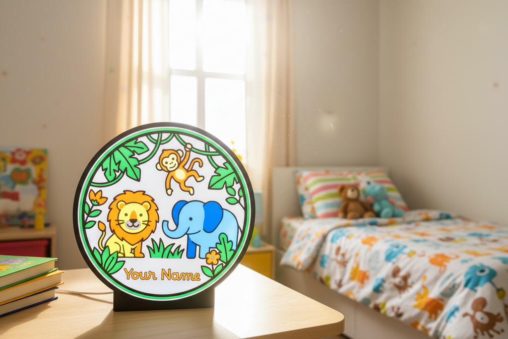 Lampada LED rotonda con animali della giungla e scritta 'Your Name'