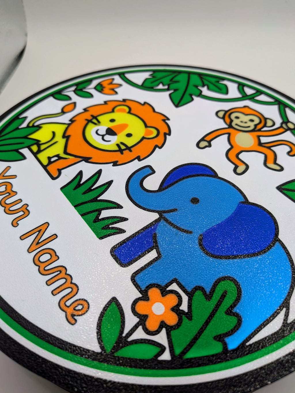 Stampa animali della giungla su lampada LED rotonda, elefante e nome