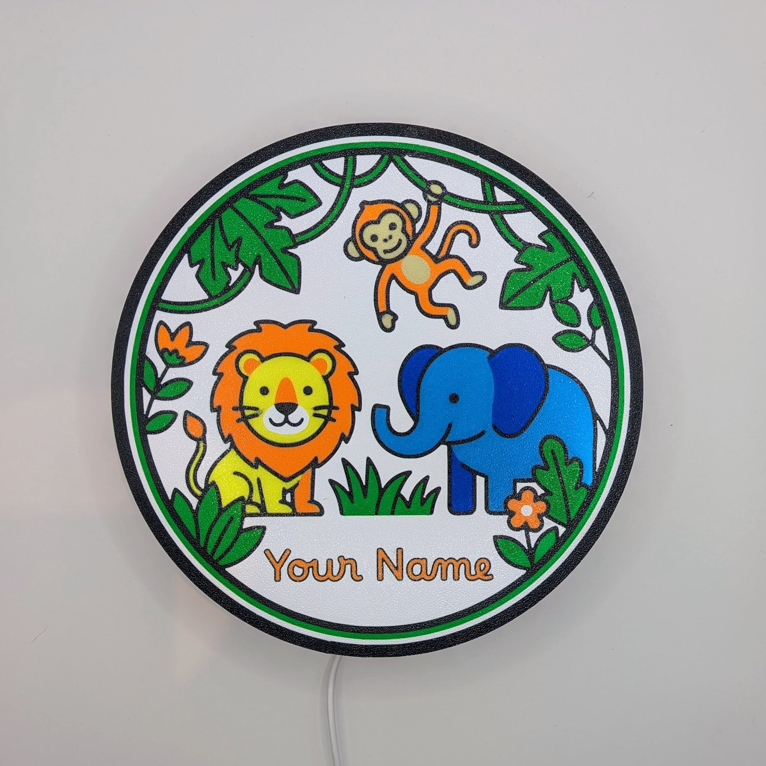 Lampada LED rotonda con leone, elefante e scimmia, scritta 'Your Name'