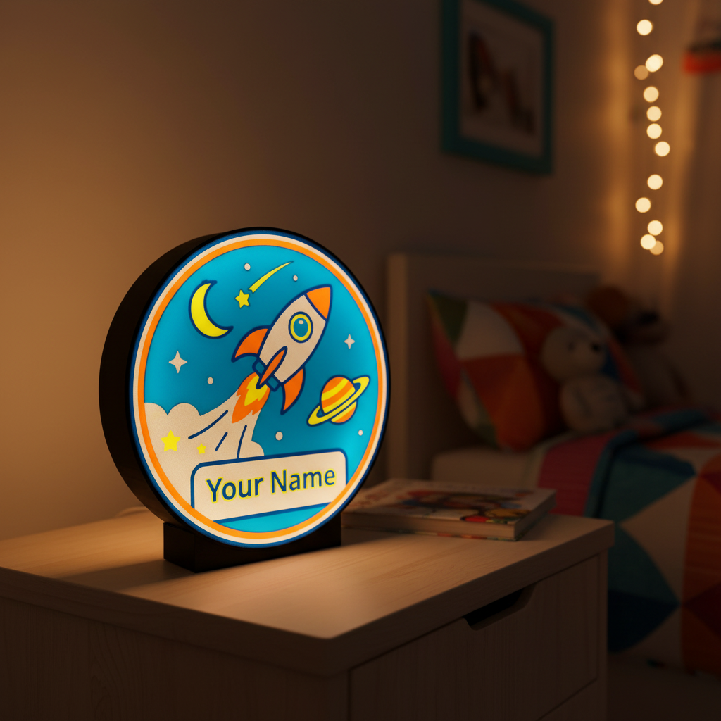 Lampada LED notturna tonda con nome personalizzato, razzo nello spazio, su comodino