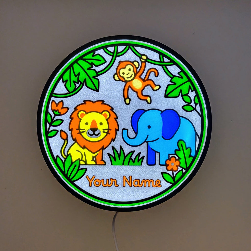 Lampada LED con sagome animali nella giungla: leone, elefante e scimmia con Nome