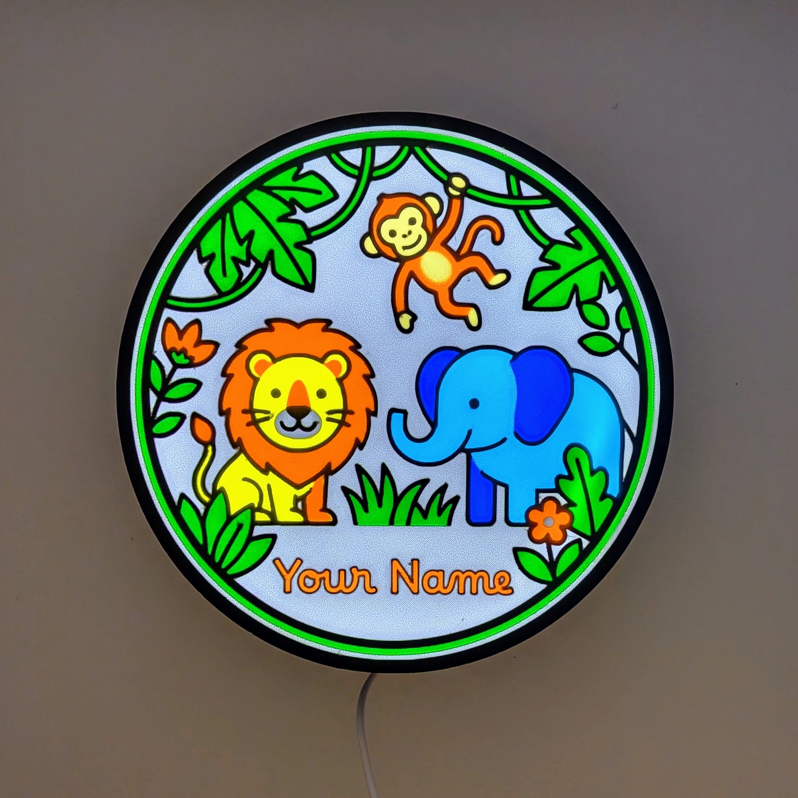 Lampada LED con sagome animali nella giungla: leone, elefante e scimmia con Nome