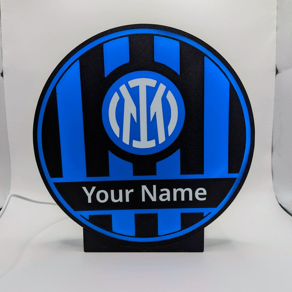 Lampada LED circolare personalizzata con logo e scritta “Your Name” su parete