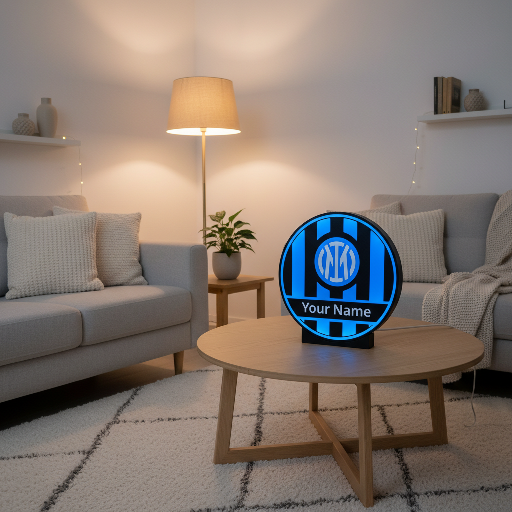 Lampada LED circolare personalizzata con logo e “Your Name”, accesa su tavolino