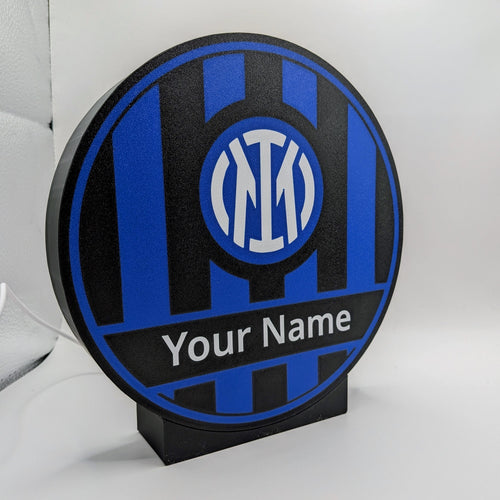 Lampada LED circolare personalizzata con logo e scritta “Your Name”, su base nera