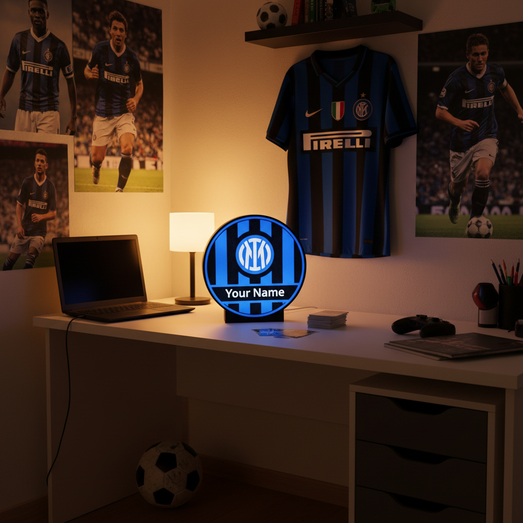 Lampada LED circolare personalizzata con logo e “Your Name”, accesa su tavolino