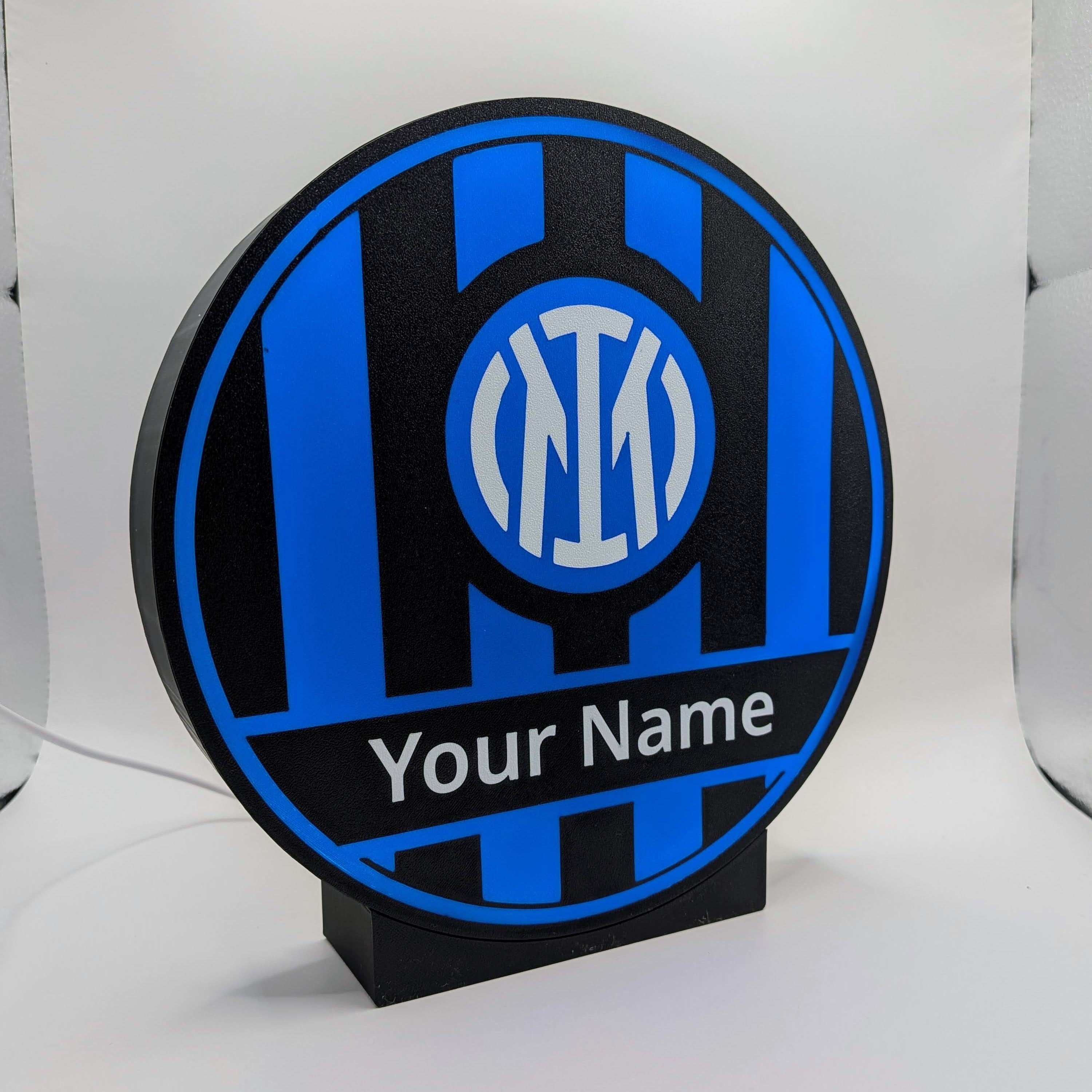 Lampada LED circolare personalizzata con logo e scritta “Your Name” con base