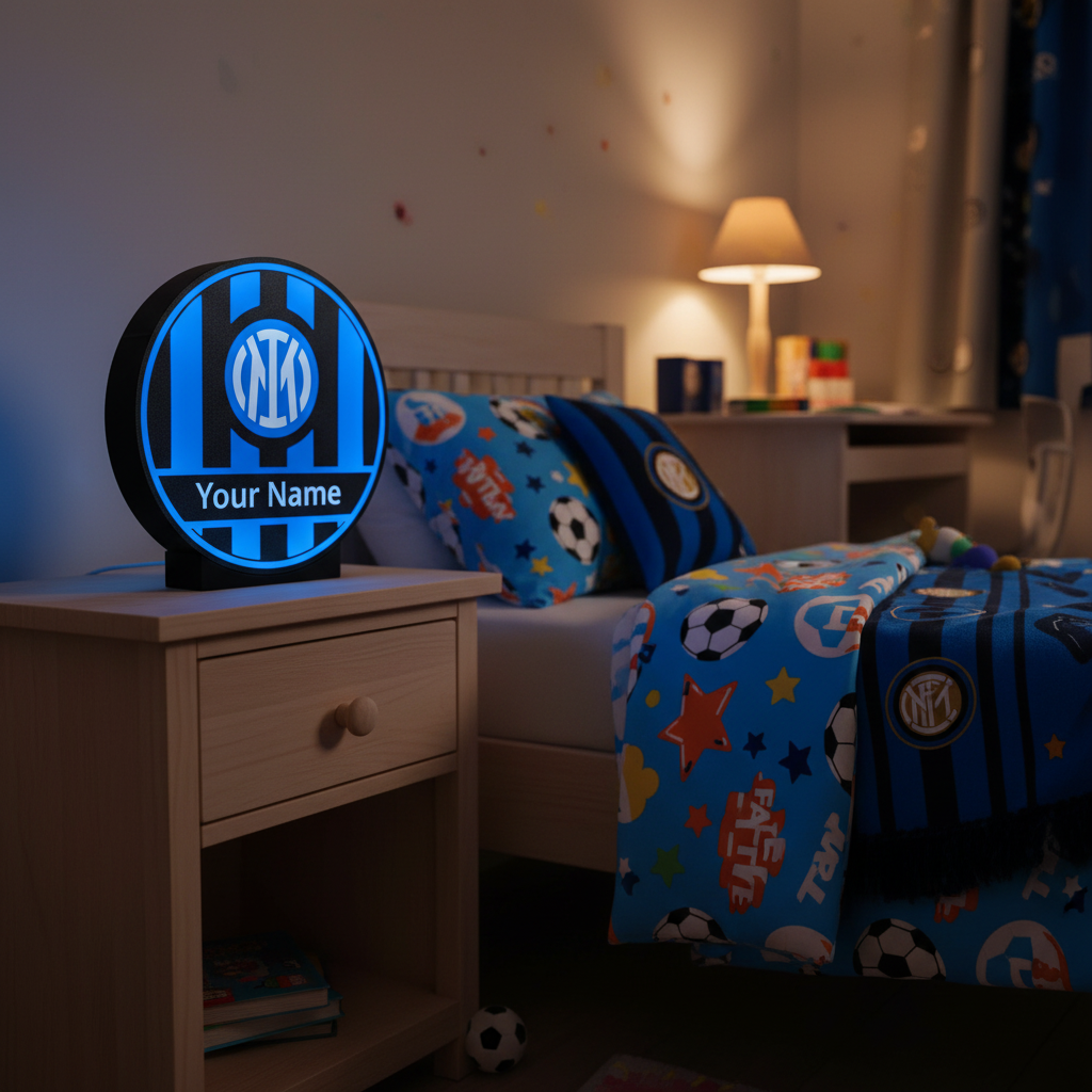 Lightbox LED rotonda Inter con scritta Your Name, base nera, luce blu