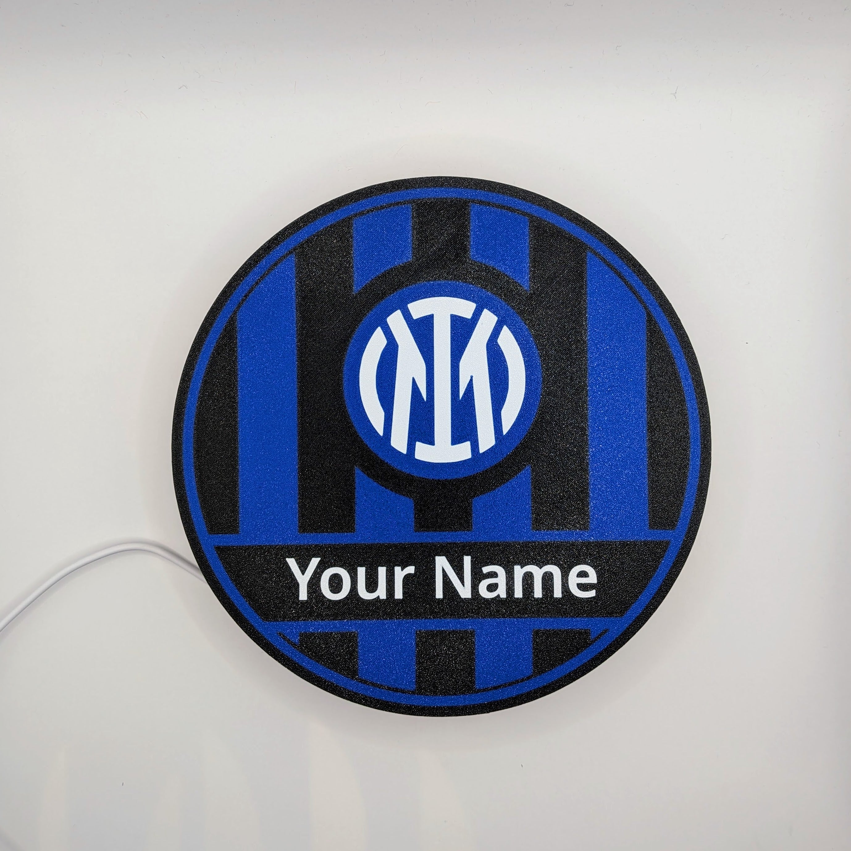 Lampada LED circolare personalizzata con logo e scritta “Your Name”, vista frontale