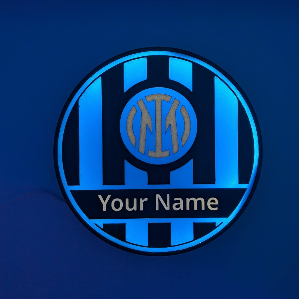 Lampada LED circolare personalizzata con logo e “Your Name”, luce blu accesa
