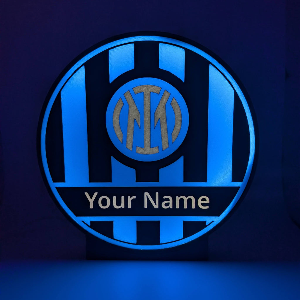 Lightbox LED rotonda Inter con scritta Your Name, illuminazione blu intensa