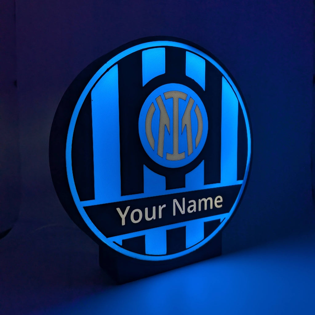 Lightbox LED rotonda Inter con scritta Your Name, luce blu, supporto da parete