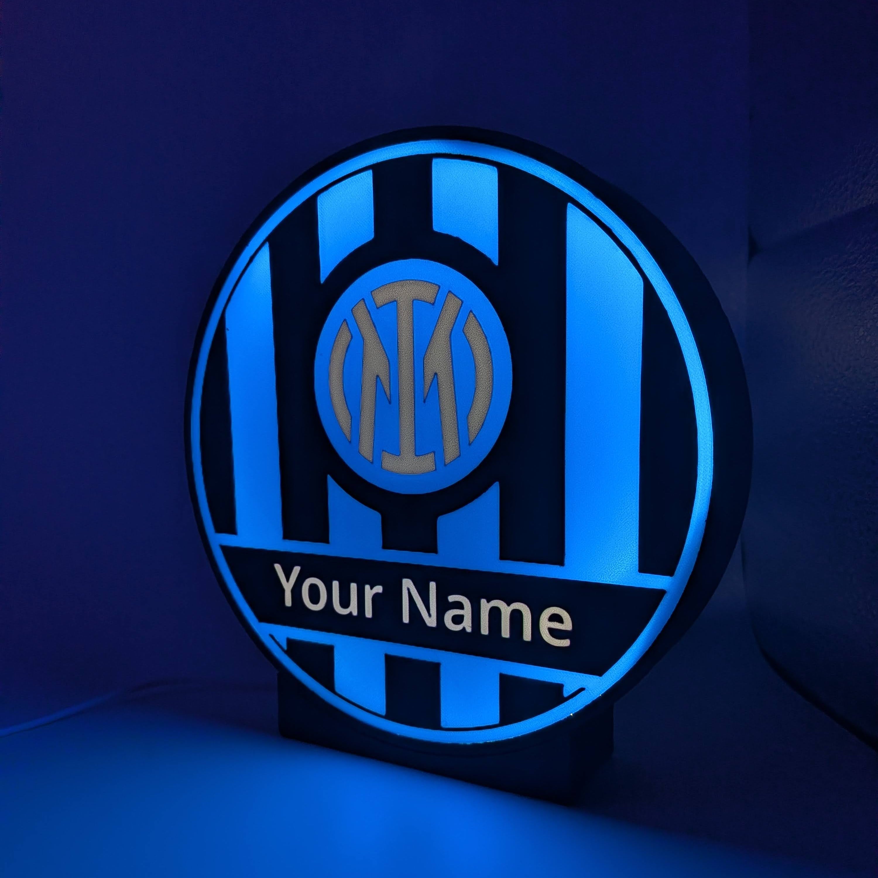 Lightbox LED rotonda Inter con scritta Your Name, luce blu, cornice luminosa