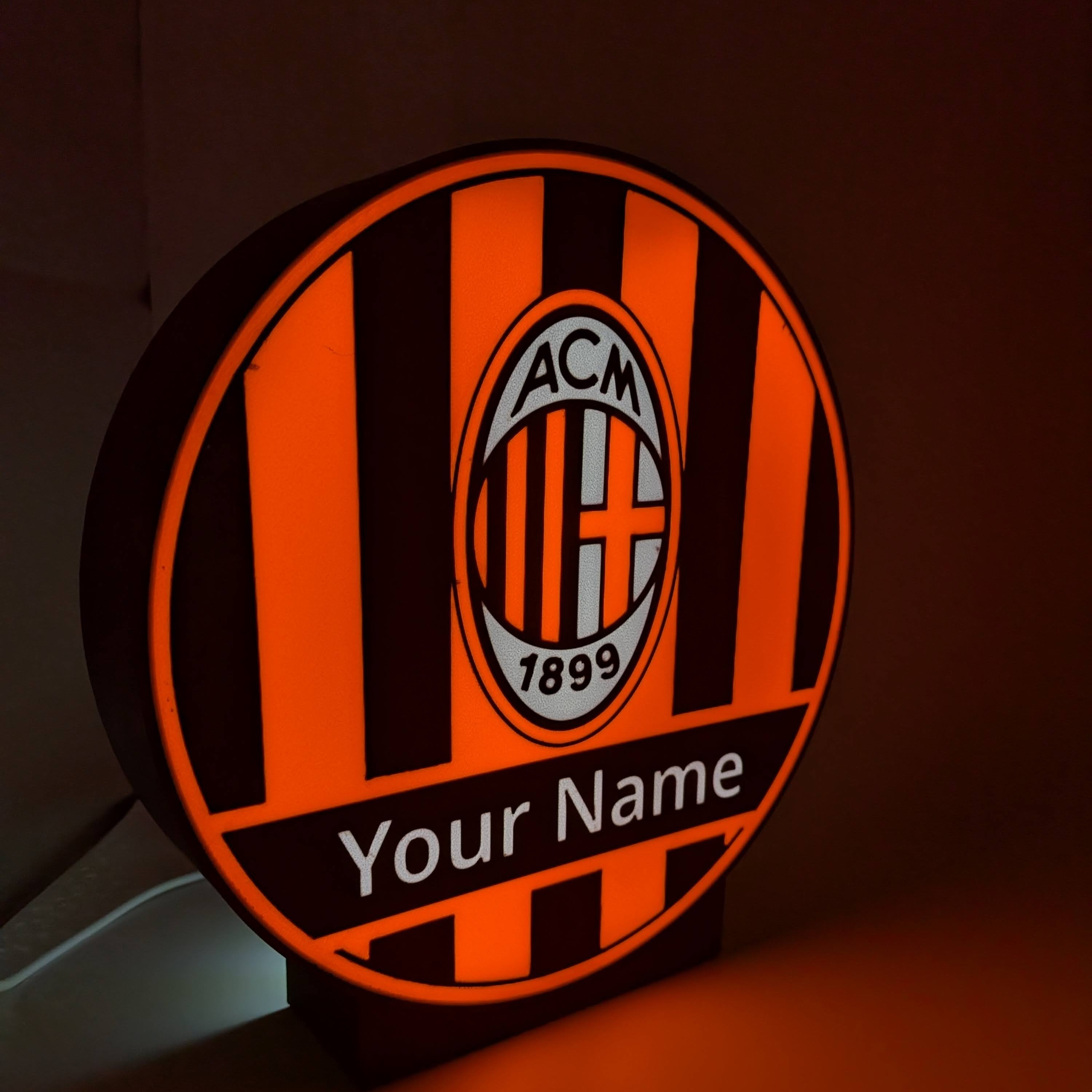 Lampada LED lightbox tonda AC Milan con logo e “Your Name” luminosi