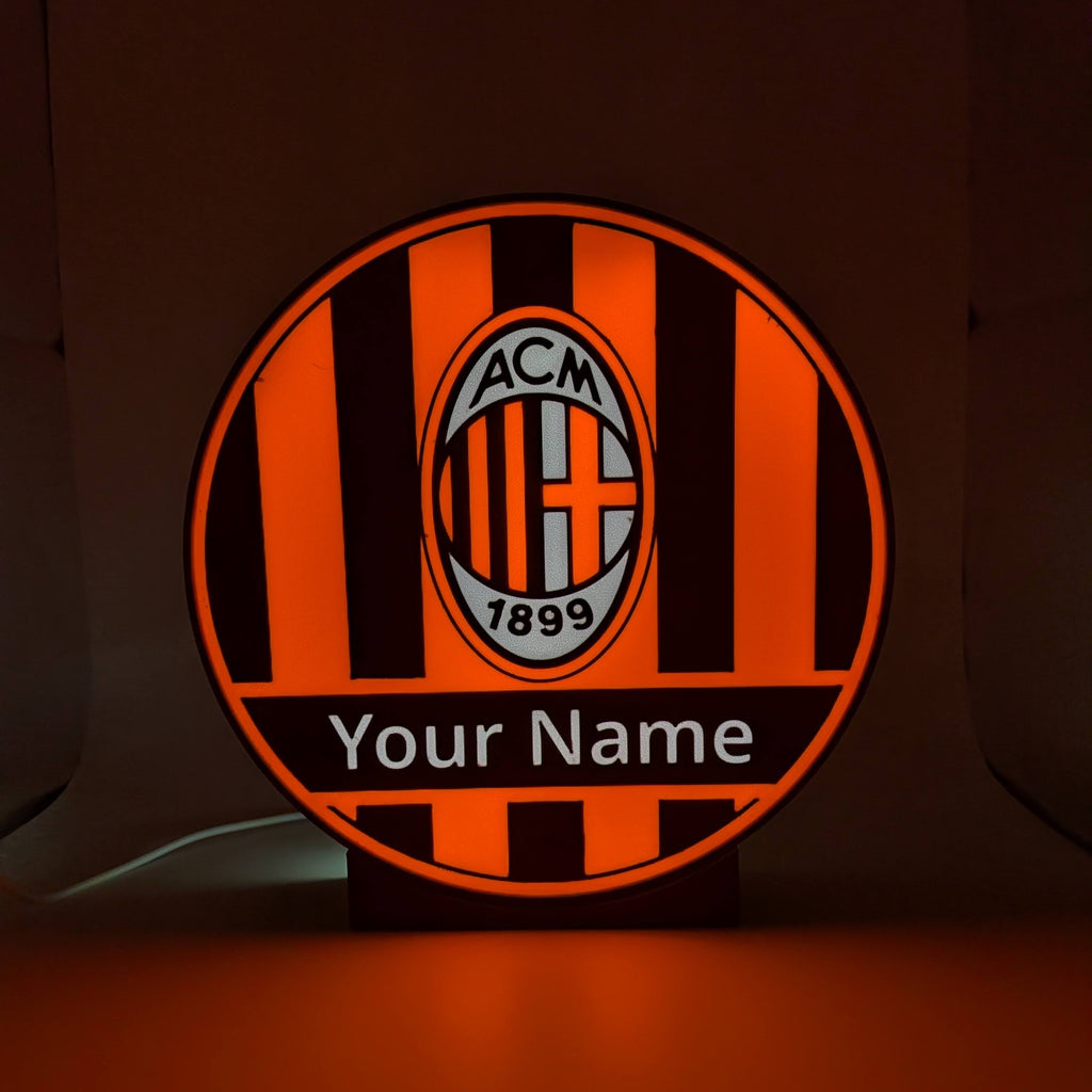 Lampada LED lightbox tonda AC Milan con logo e scritta “Your Name” illuminata