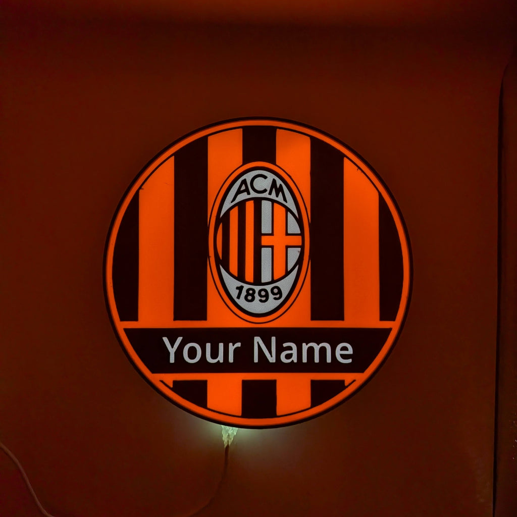 Lampada LED lightbox tonda AC Milan con logo e scritta “Your Name” e cavo visibile