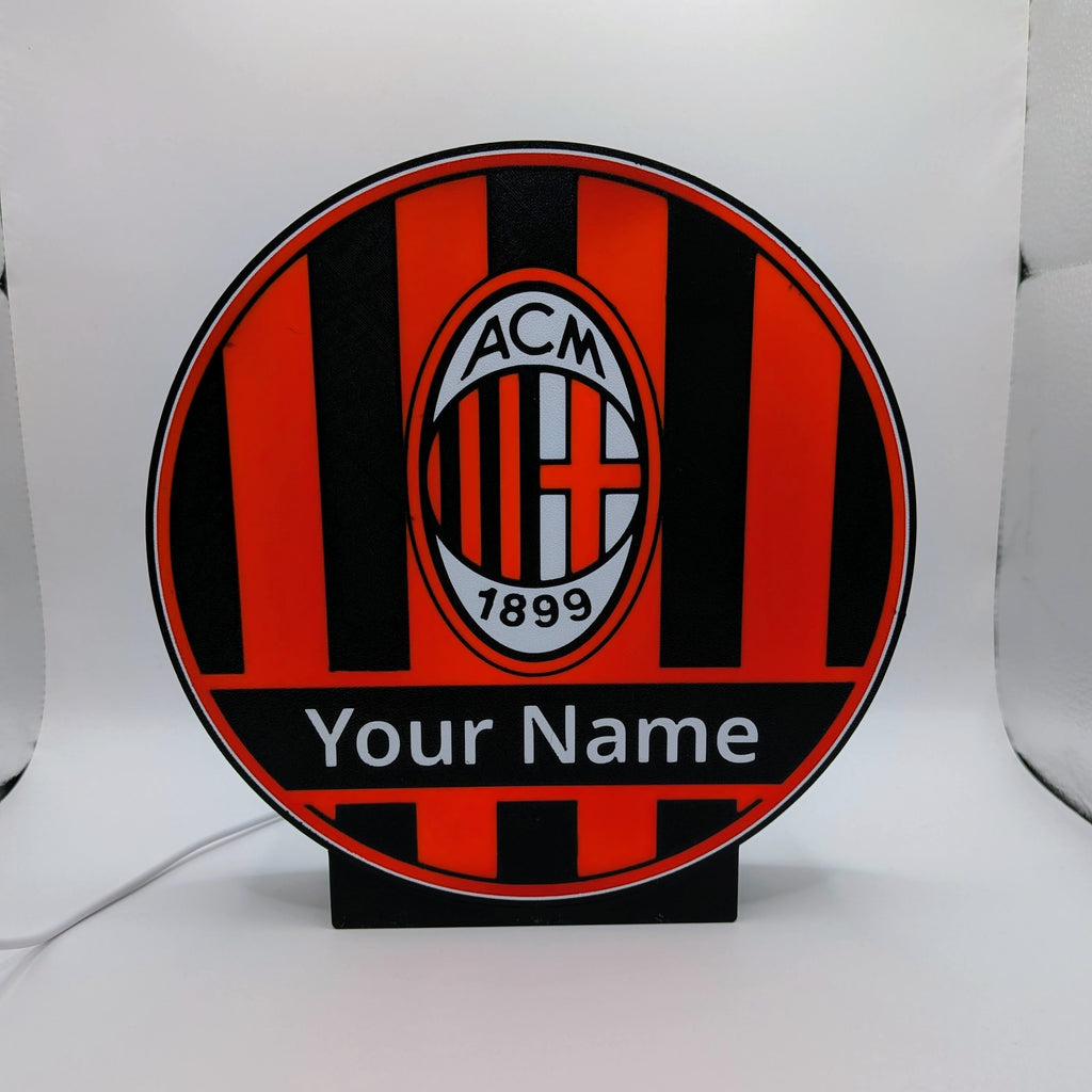 Lampada LED lightbox tonda AC Milan con logo e scritta “Your Name” su base