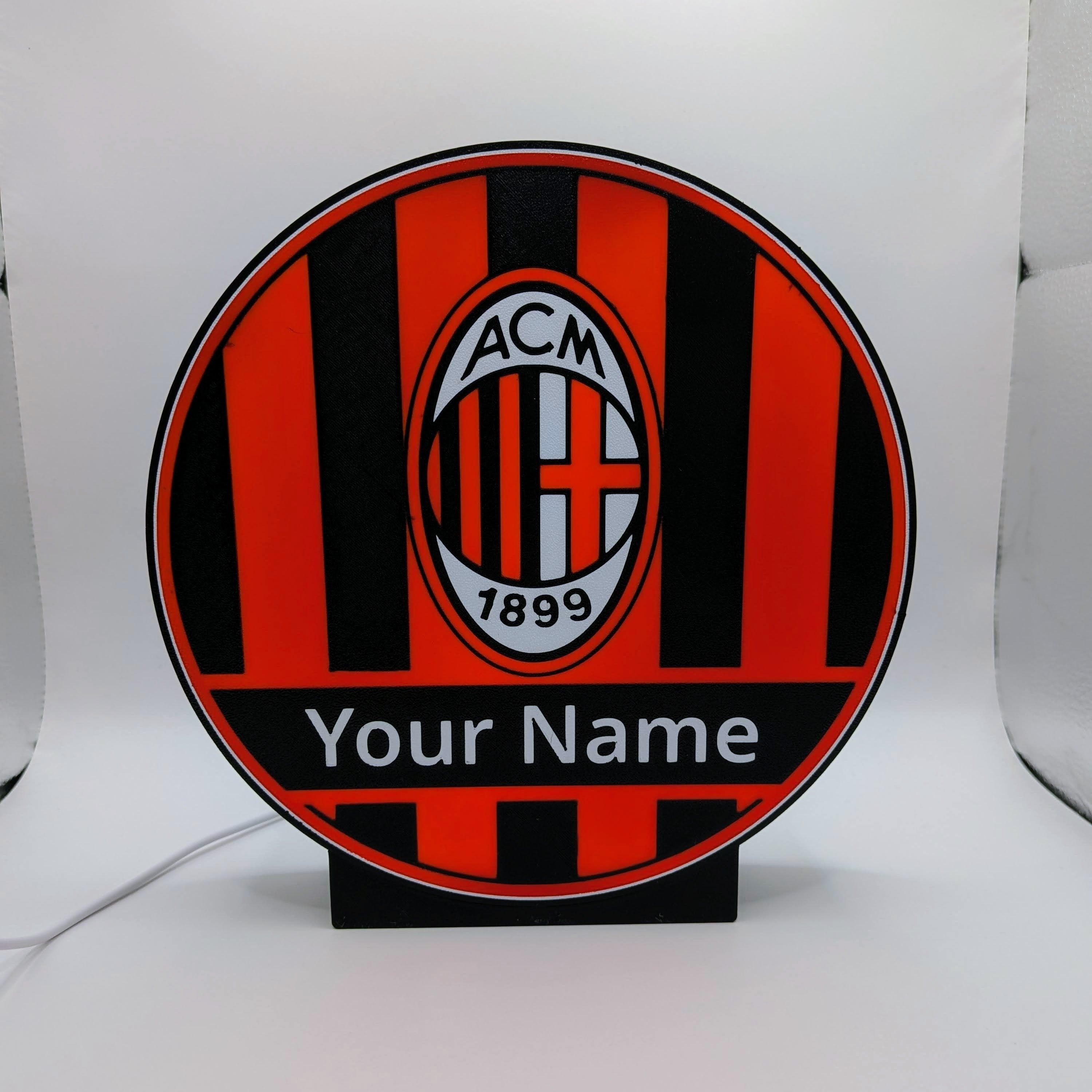 Lampada LED lightbox tonda AC Milan con logo e scritta “Your Name” su base