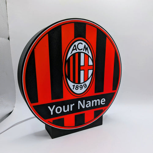 Lampada LED lightbox tonda AC Milan con strisce rosse e scritta “Your Name”