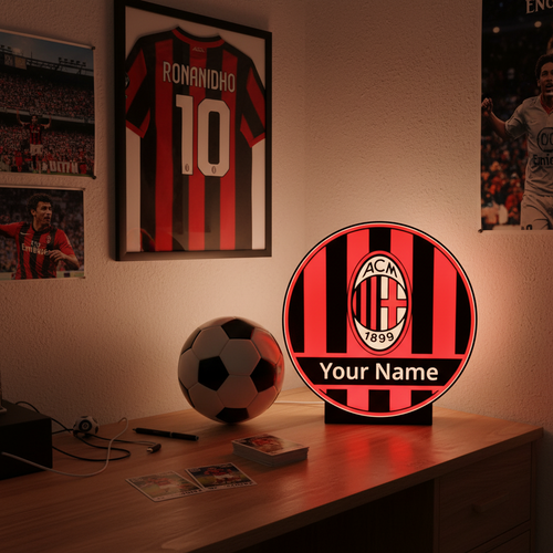 Lampada LED lightbox tonda AC Milan con logo e scritta “Your Name”, illuminata