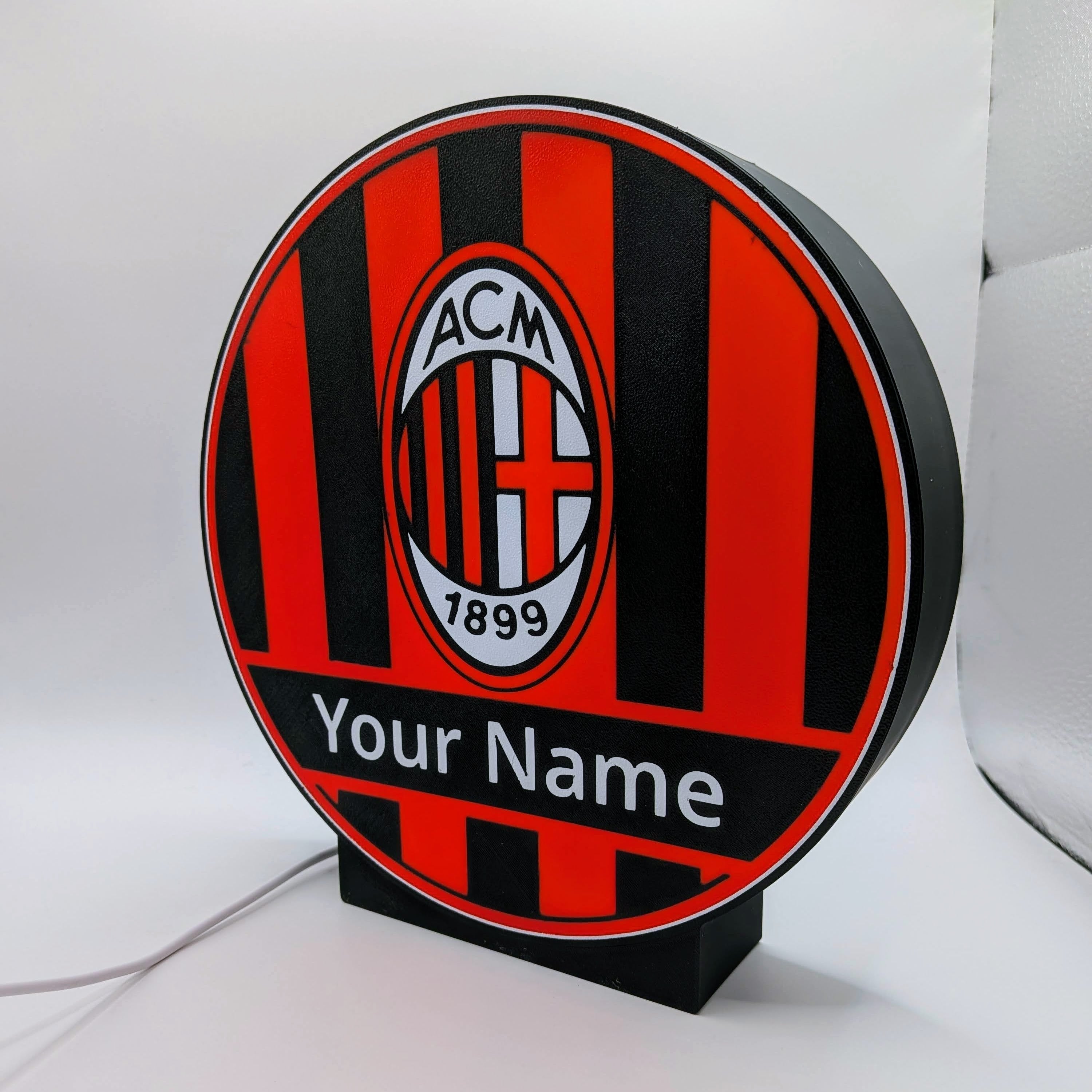Lampada LED lightbox con stemma AC Milan rosso-nero e scritta “Your Name”