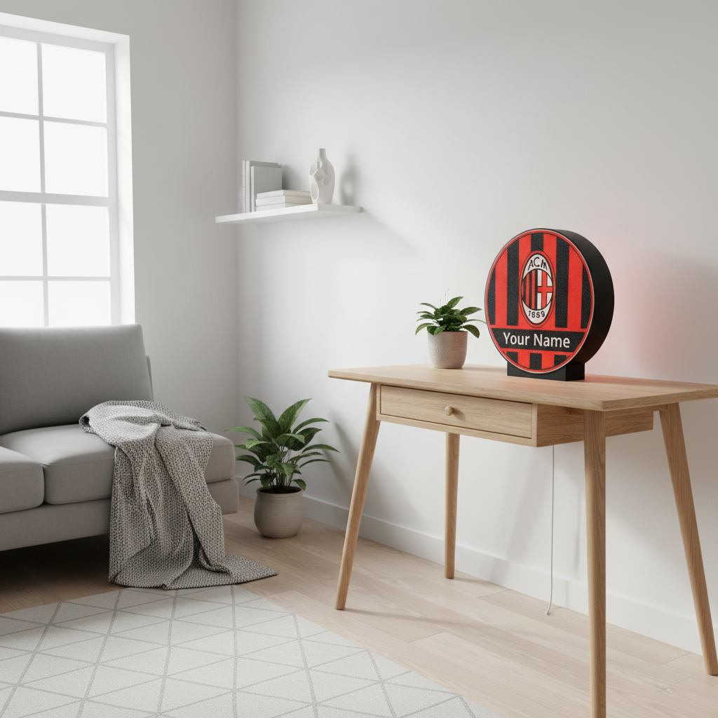 Lampada LED lightbox tonda AC Milan con logo e “Your Name” su base nera