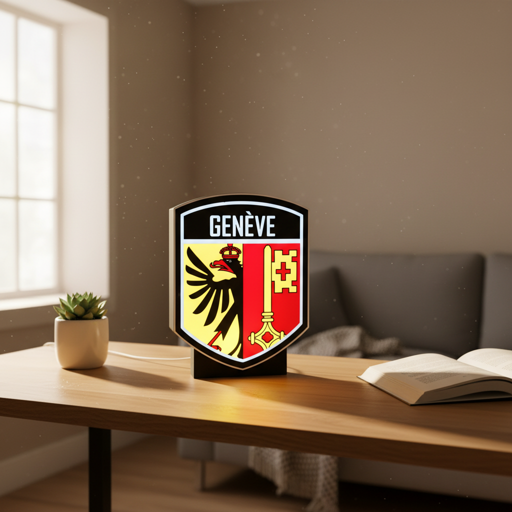 Lightbox LED Canton Ginevra – Lampada 3D da Tavolo e Parete con Stemma di Genève