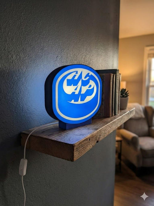 Blue HCAP logo LED lightbox lamp on shelf with black frame and power cord