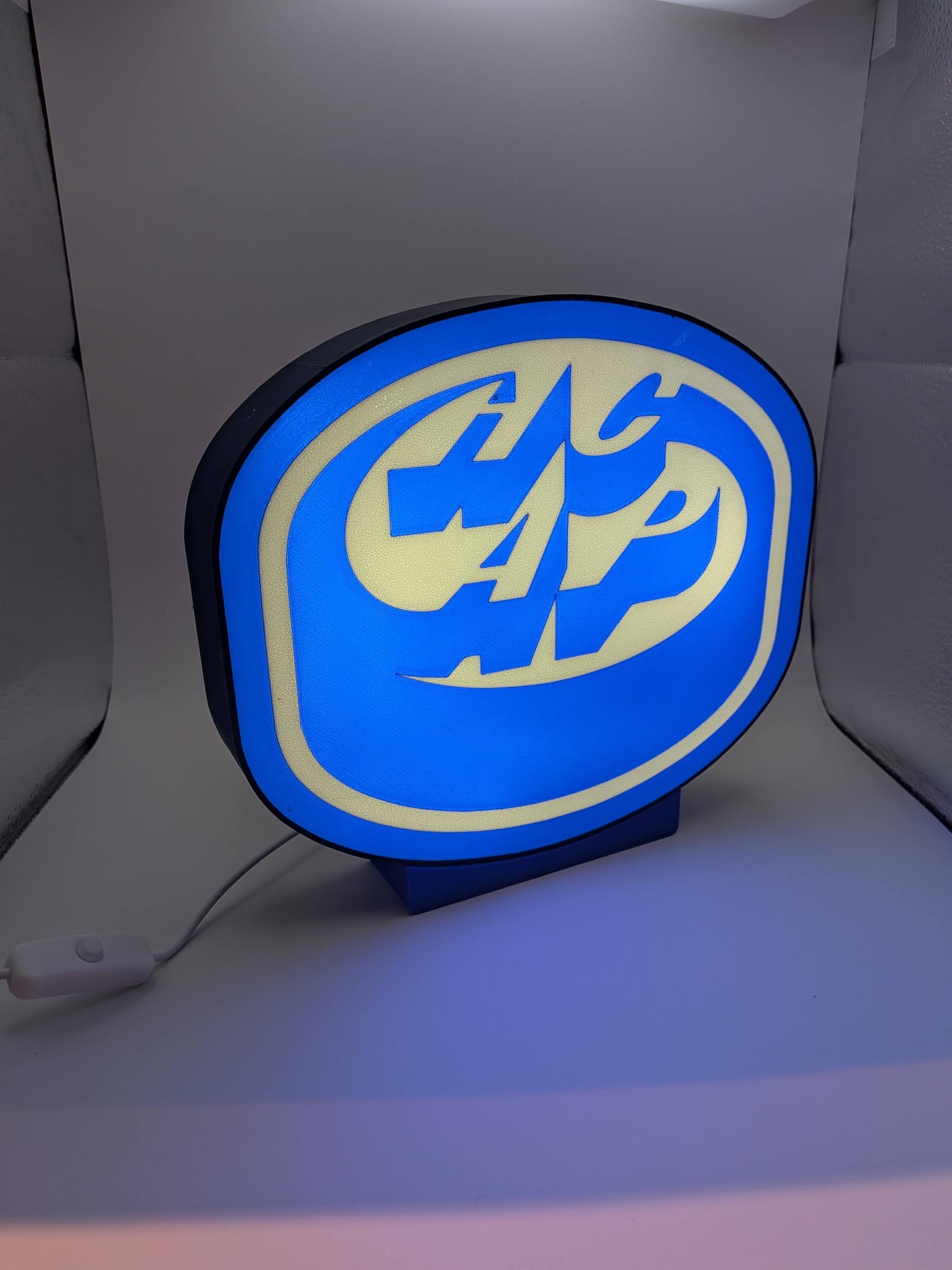 Lampada LED lightbox rotonda con logo hockey blu, base e illuminazione blu