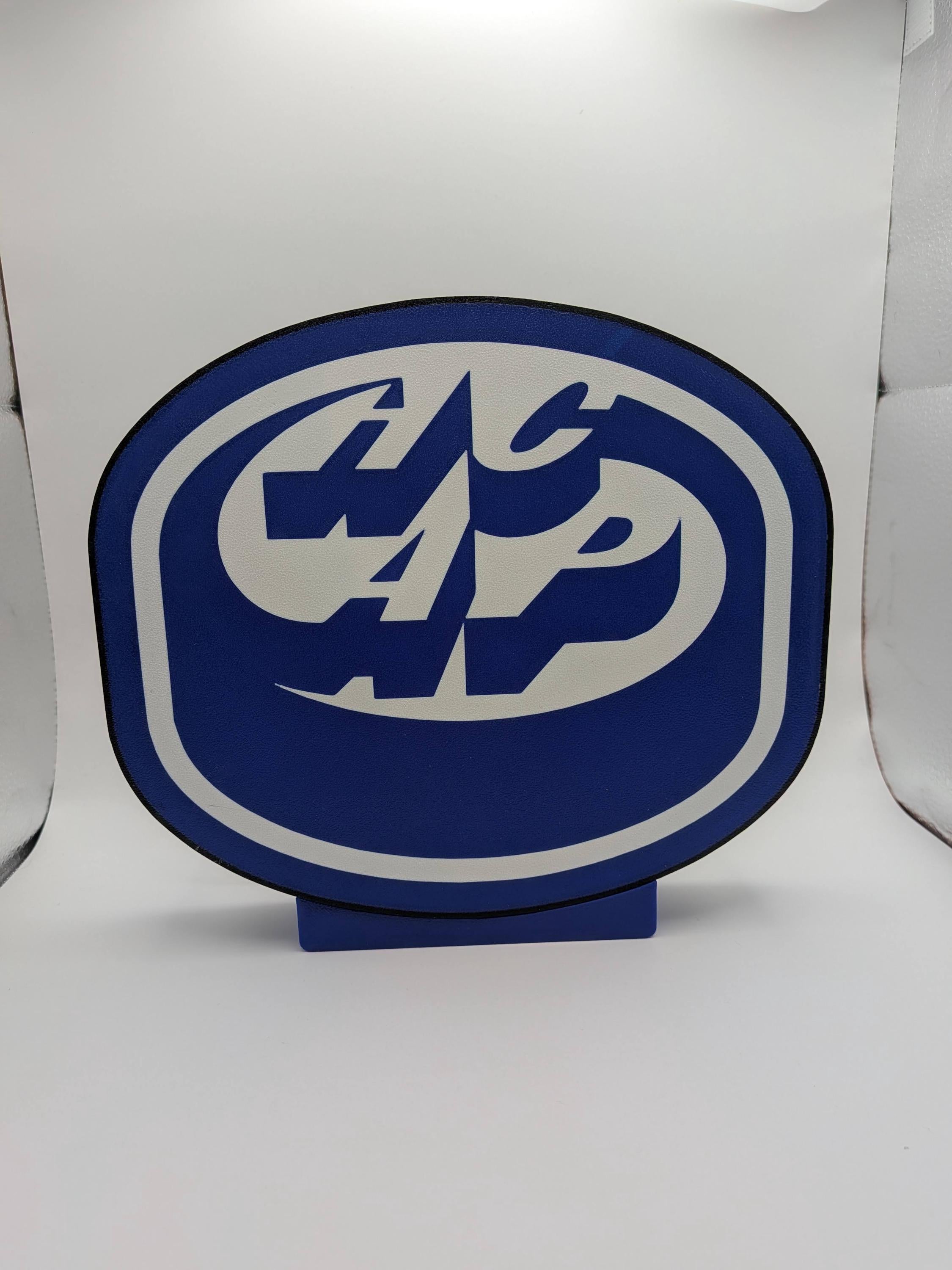Lampada LED lightbox rotonda blu con logo hockey, base in plastica e contorno bianco