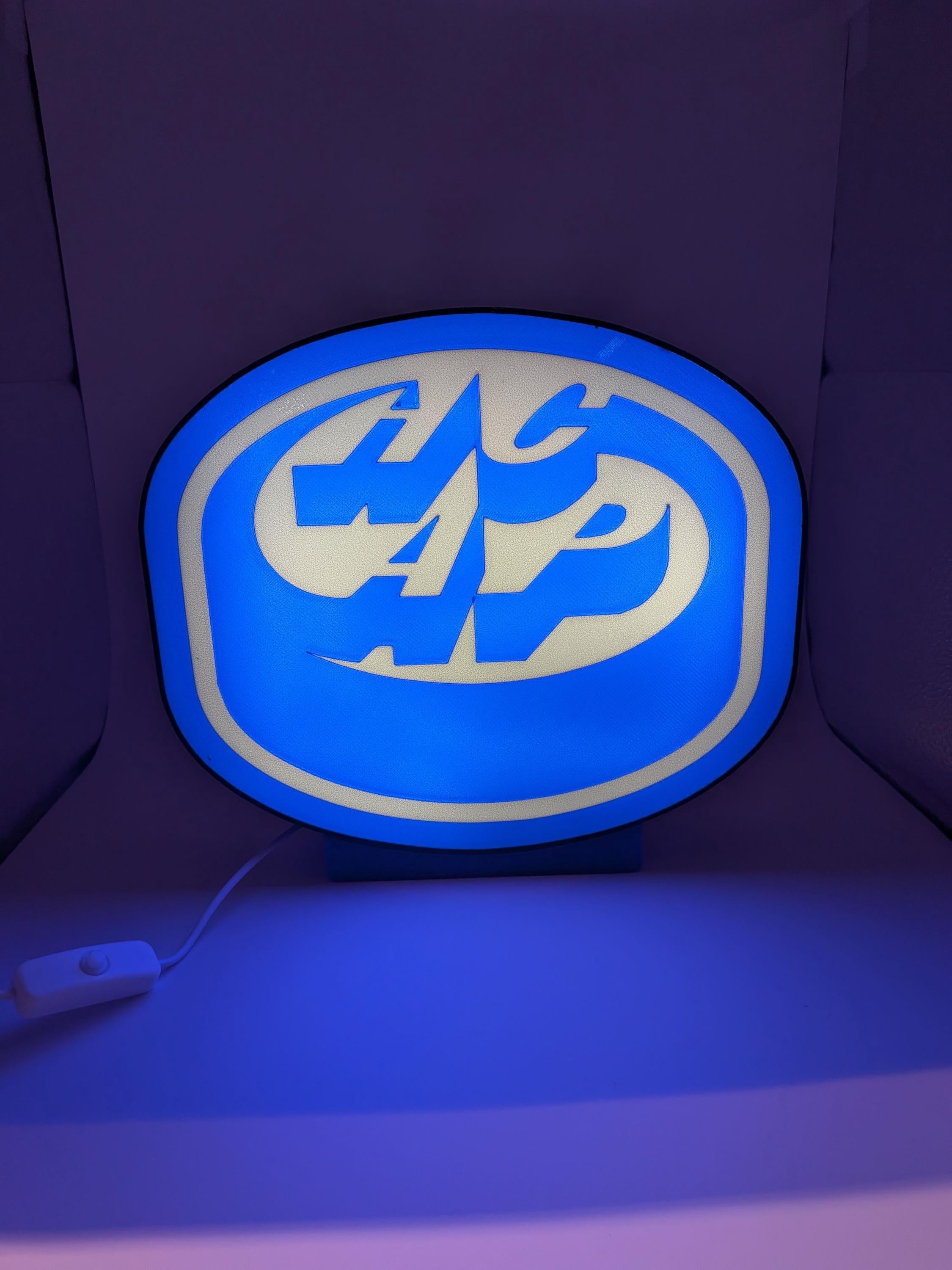 Round black-framed LED lightbox lamp glowing blue with HCAP logo on front