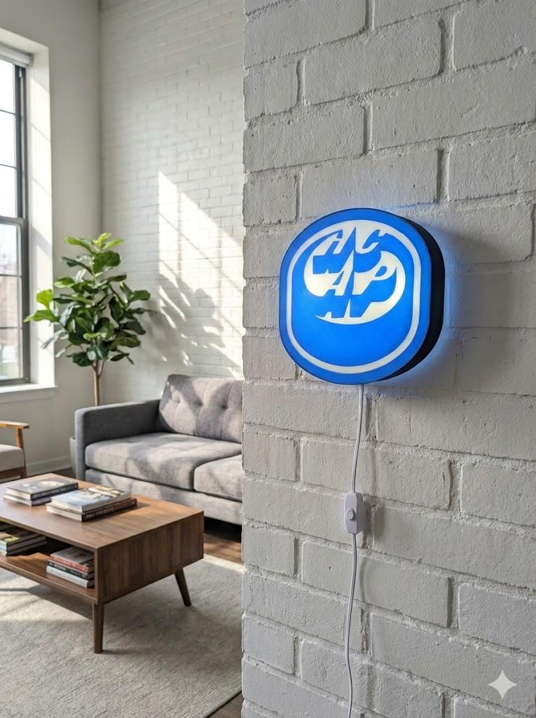 Lampada LED lightbox rotonda con logo hockey blu, fissata su parete in mattoni