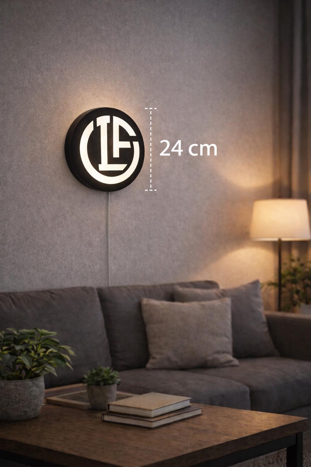 Lit black round LED lightbox logo, 24 cm size indicator