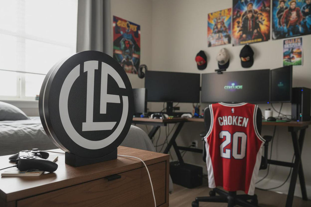 Lampada LED lightbox con logo FC Lugano circolare su base, in ambiente gaming