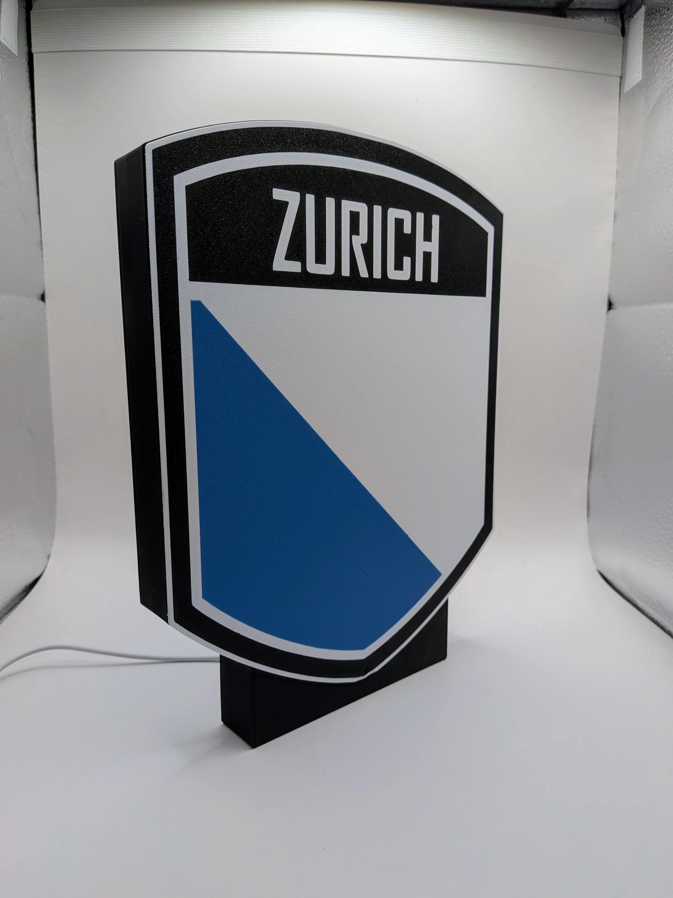Lampada LED lightbox a scudo ZURICH, cornice nera e vetro con luce blu