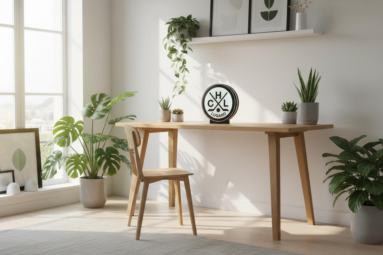 Lampada LED circolare HC Lugano su mensola, luce tenue verde sul bordo