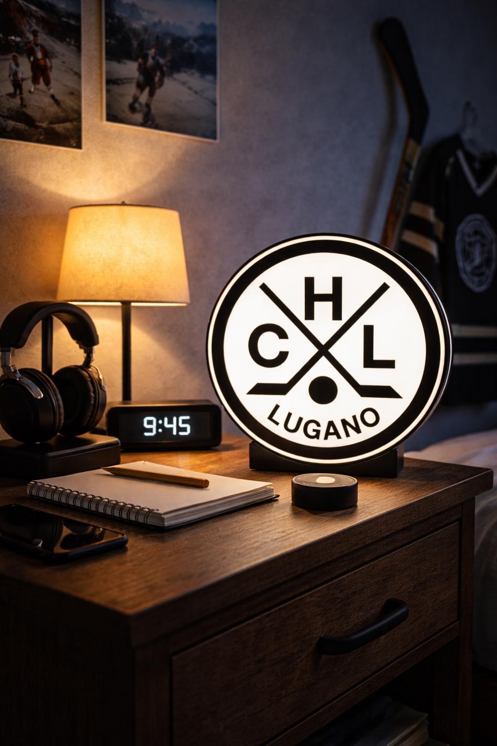 LED lightbox hockey logo on round sign with black stand base and visible power cord