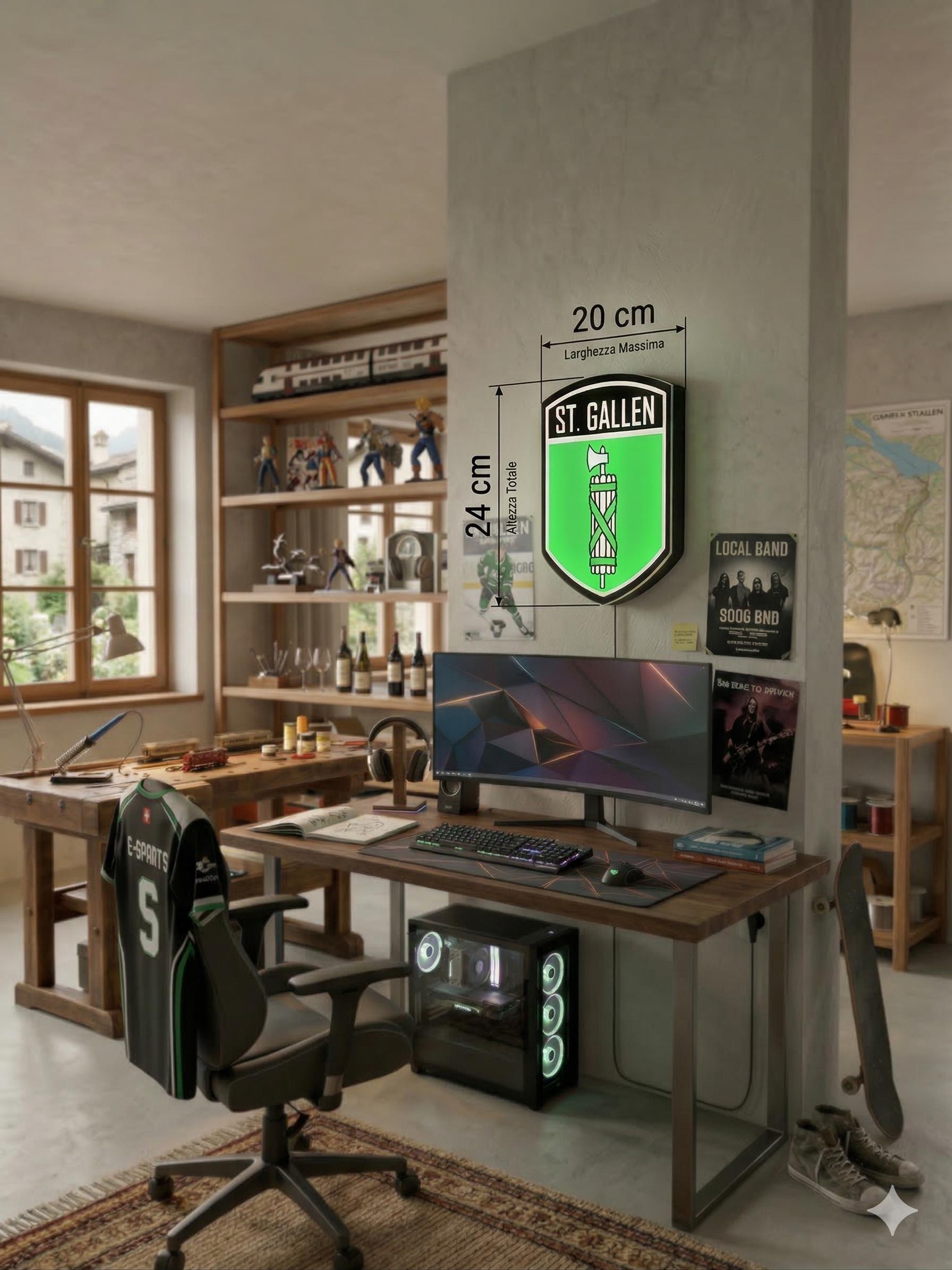 Lampada LED lightbox con stemma ST. Gallen su supporto nero, luce verde