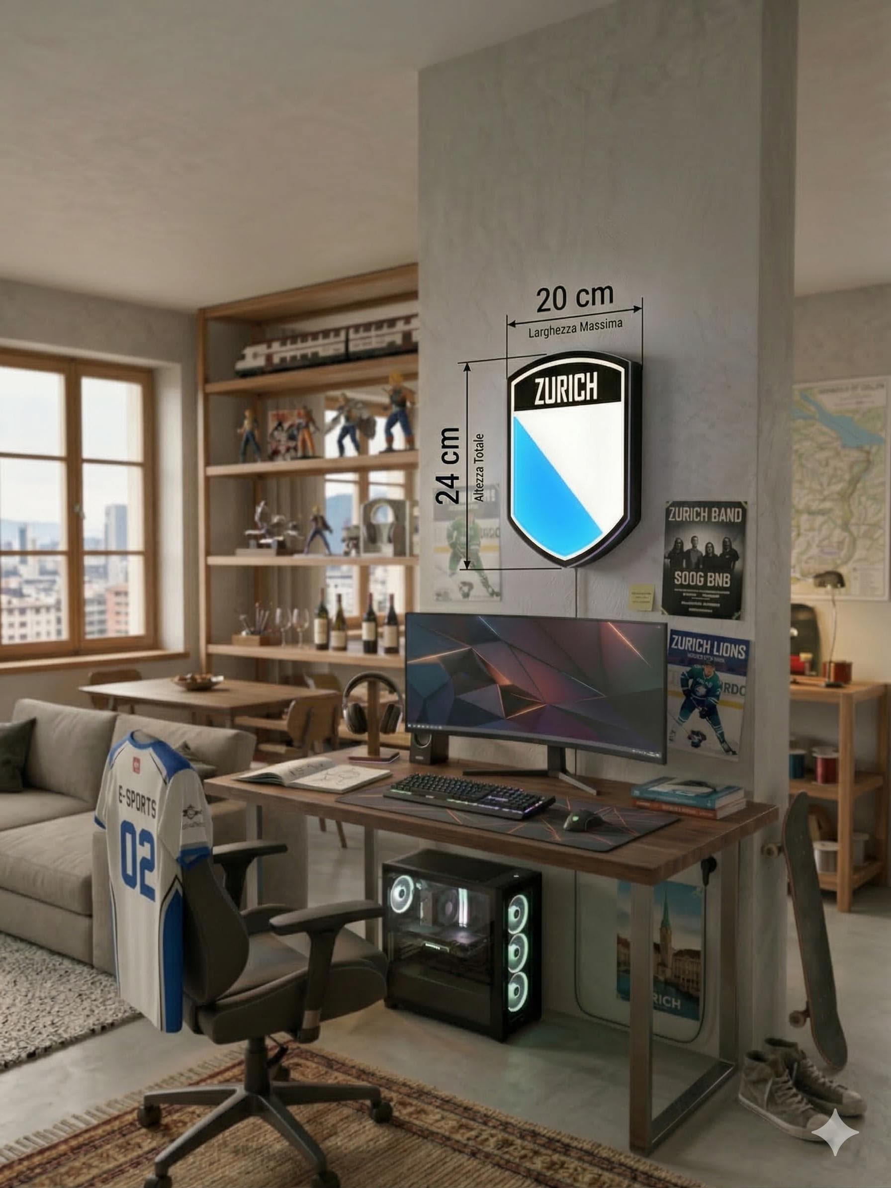 Lampada LED lightbox a scudo ZURICH con misure indicate 20×24 cm e luce blu