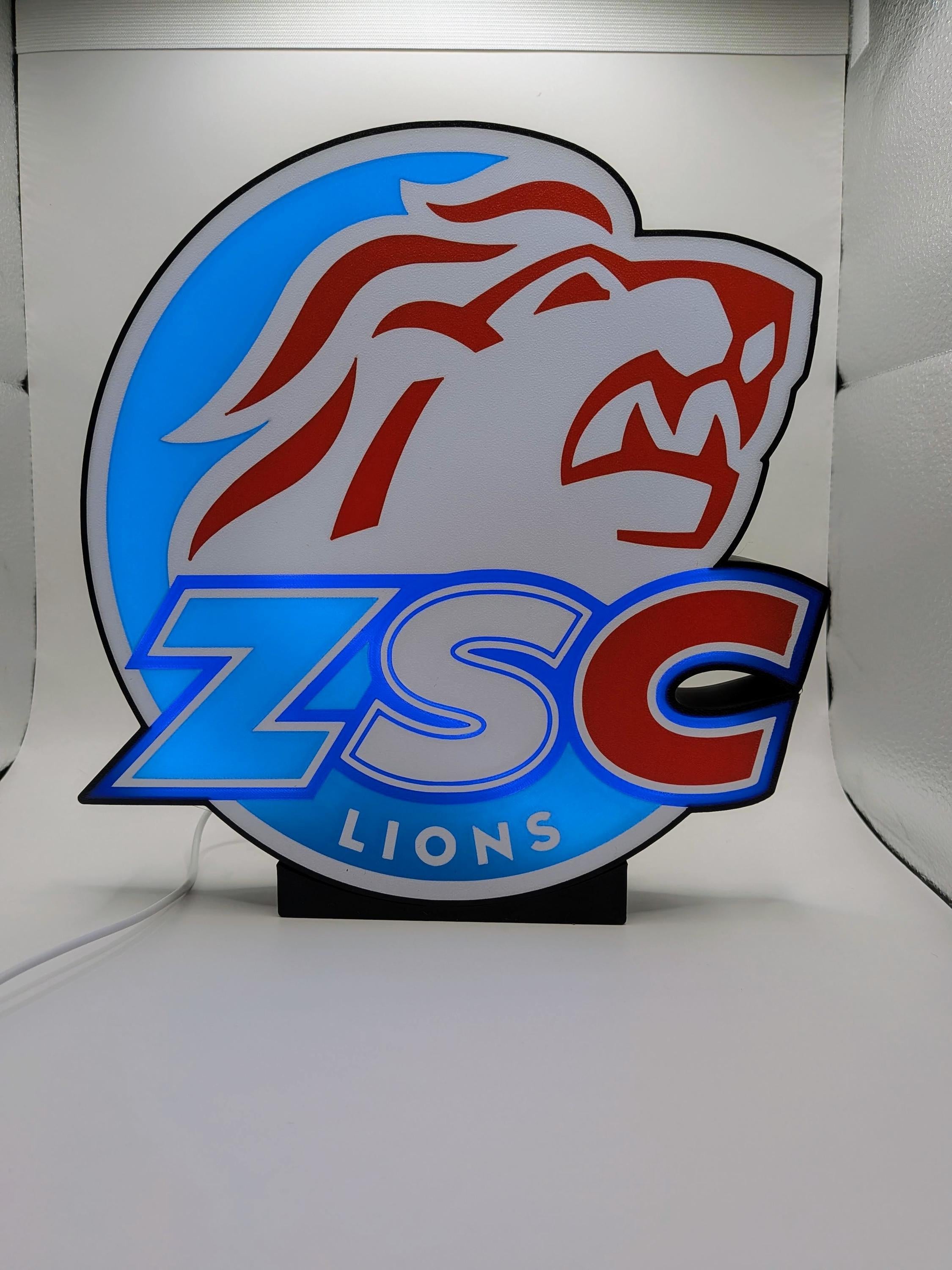 Lampada LED lightbox hockey ZSC Lions con logo completo, base nera