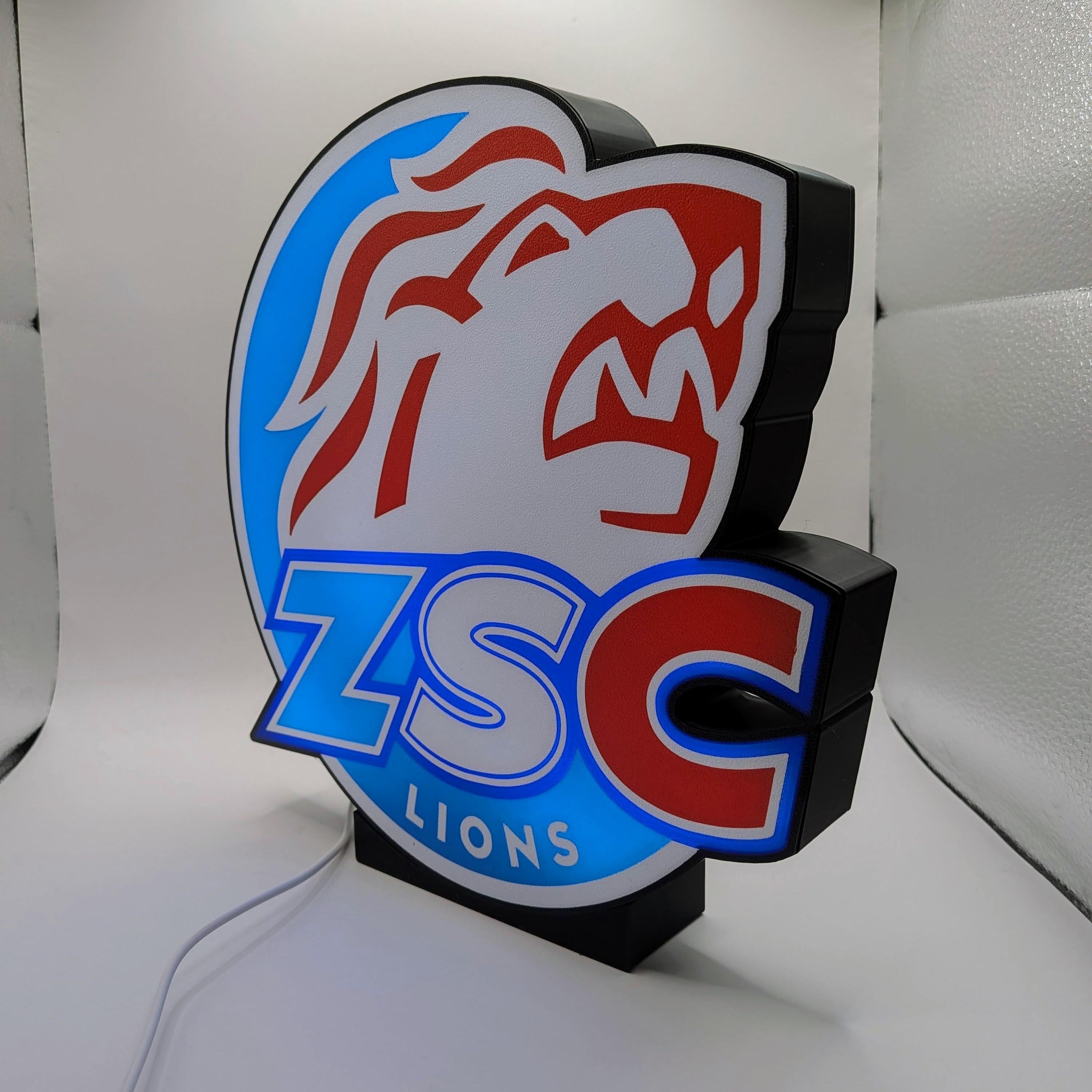 Lampada LED lightbox hockey ZSC Lions su base nera, lato posteriore visibile